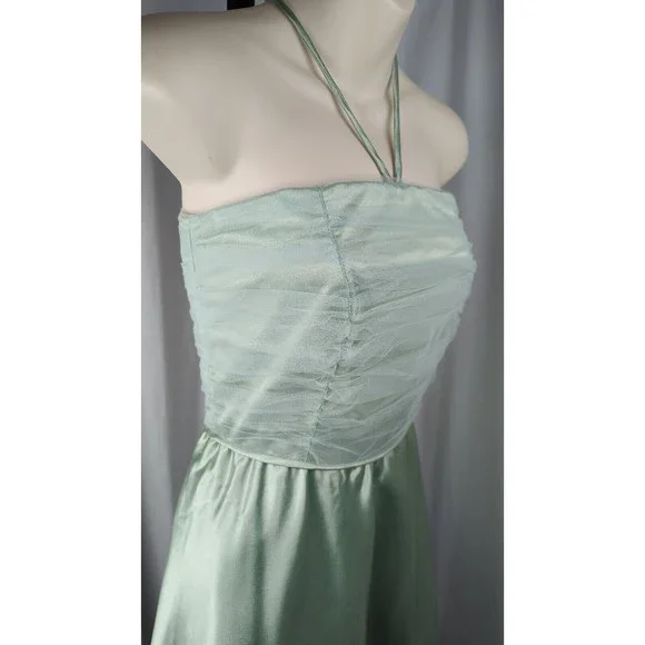 Vintage 50s Tulle Prom Dress Seafoam Green Satin Silk Halter Ruched Mint XXS XS - Picture 3 of 13